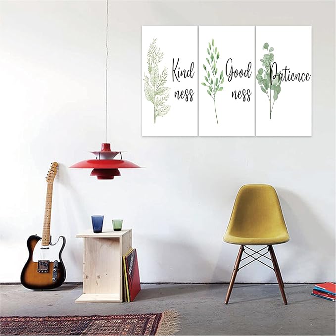 3 Piece Inspirational Wall Art, White Plant Background Picture, Quote "Kind Good Patience" Canvas Print for Office Decor, Triptych Entrepreneur Painting Framed Artwork for Home Wall Decor (36"Wx18" H)
