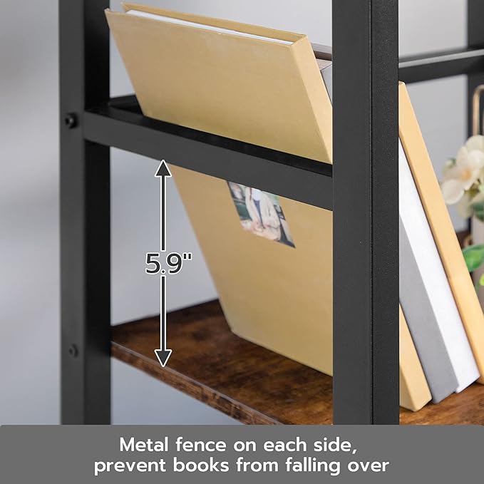 HOOBRO 3 Tier Bookshelf, Small Narrow Bookshelf, Record Storage Rack with Side Fence, Floor-Standing Shelf Units, Narrow Display Shelf for Living Room, Bedroom, Classroom, Rustic Brown BF80CJ01G1