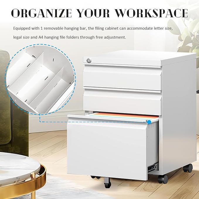 SoarFlash 3 Drawer File Cabinet with Lock Rolling Metal Filing Cabinet for Home Office, Under Desk Mobile File Cabinet with Wheels, White