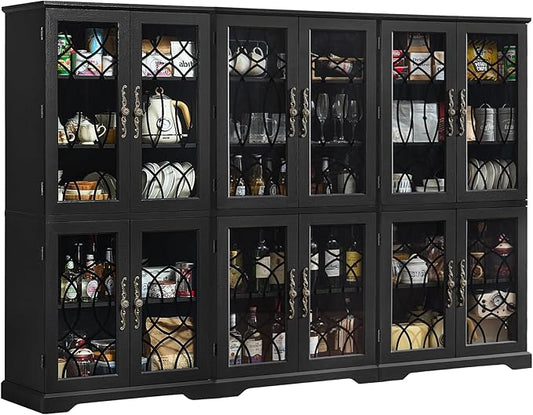 67" Tall Bookshelf Set of 3, Vintage Book Shelf with Glass Doors, 5-Tier Wood Bookcase w/Adjustable Storage Shelves, Freestanding Rustic Curio Display Cabinet for Living Room, Office, Black