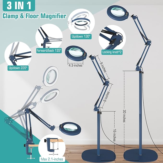 10X Magnifying Glass with Light and Stand, Real Glass Lens (Not Acrylic), 5 Color Modes, Stepless Dimmable, LED 3-in-1 Floor Lamp, Swing Arm with Clamp, Lighted Magnifier Hands Free for Crafts - Blue