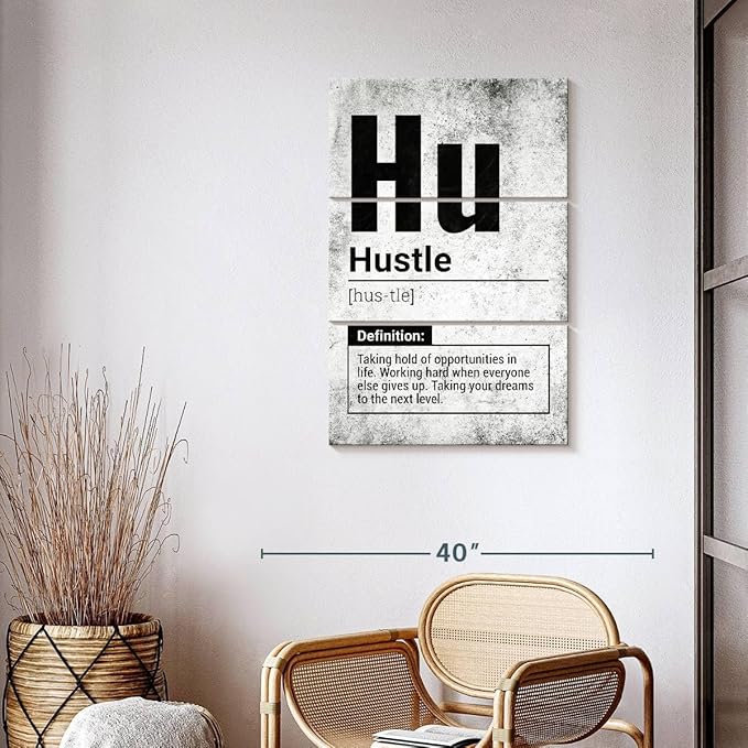 Elephant Stock - Hustle Definition Grunge Wall Art - Vertical Multi Panel Canvas - 3 Piece Living Room Wall Decor - Digital Art Inspirational And Typography Multi Piece Wall Art - Black And Gray Decor - 24" x 38"