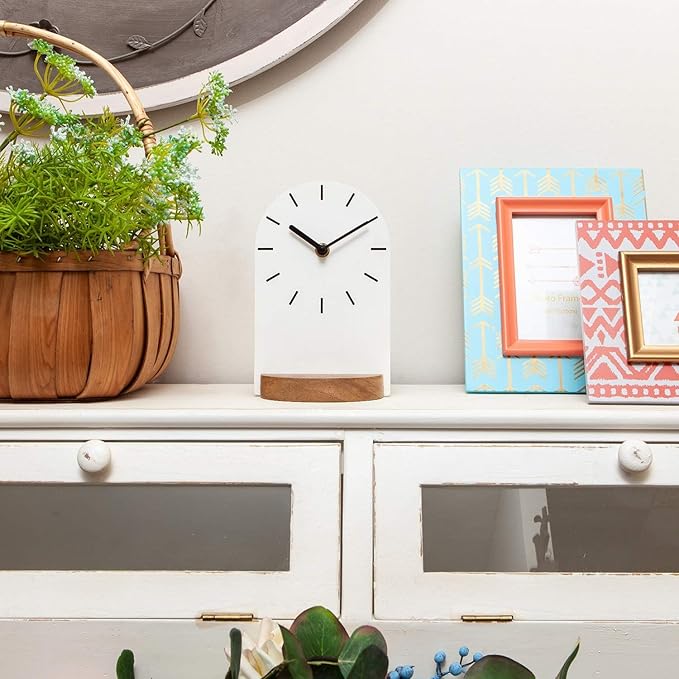 SOFFEE DESIGN One-Piece Table Clock Iron Sheet with Wooden Base Ins Style, Desktop Clock Non Ticking Battery Operated for Living Room Bedroom Home Decor, White