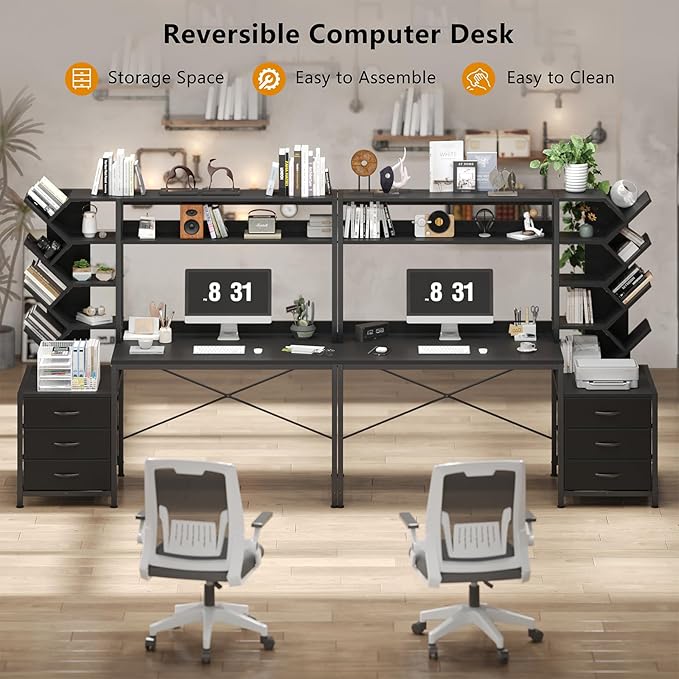 Reversible Computer Desk with Hutch, Home Office Desk with Drawers and Bookshelf, 52'' Study Writing Desk with Storage Shelves for Bedroom Home Office, Black