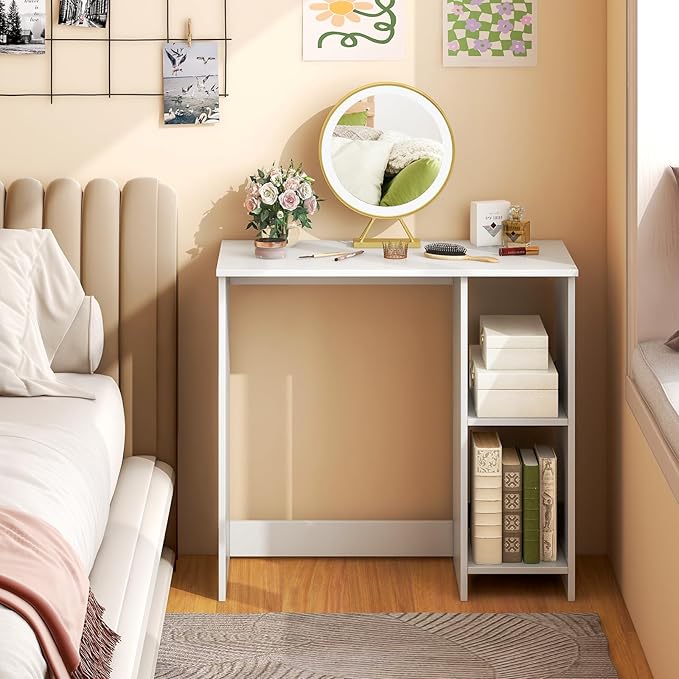 31.5 Inch Small Computer Desk, Wooden Desks for Home Office Small Spaces with Storage Shelves, Modern Simple Style Writing Study Work Desk, Compact White Desk