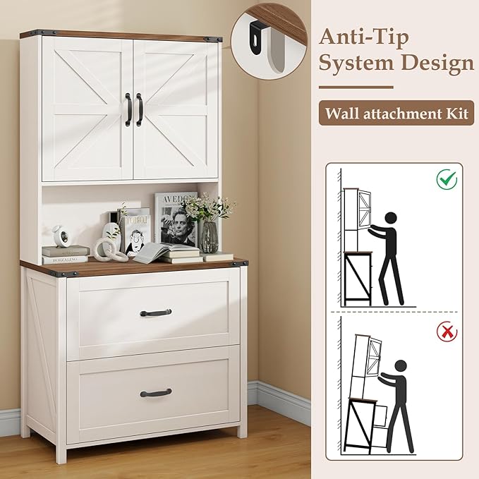 File Cabinet with 2 Drawer for Legal/Letter/A4 Size Hanging Files, Farmhouse Filing Cabinet with Adjustable Shelf, Large Wood File Cabinets for Home Office Printer Stand with Bookshelf, Rustic White