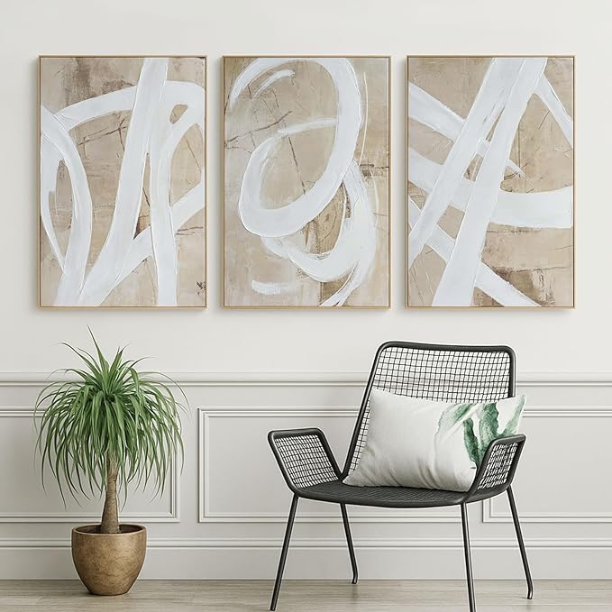 Zessonic Neutral Abstract Wall Art Minimalist White Brown Pastel Paint Strokes Shapes Textured Framed Wall Decor Large Canvas Paintings- Living Room Bedroom Office Modern Neutral 24"x36" 3 piece