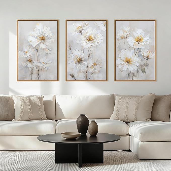 Aryroi Modern Chinoiserie White Daisy Floral Framed Canvas Wall Art Set,Watercolor Natural Beige Wildflower Wall Decor,Textured Minimalist Flower Botanical Artwork for Living Room,Farmhouse-16 x24 x3