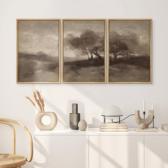 SIGNWIN Framed Canvas Print Wall Art Set Sepia-Toned Abstract Trees Vintage Landscape Illustrations Modern Art Decorative for Living Room, Bedroom, Office - 16"x24"x3 Natural