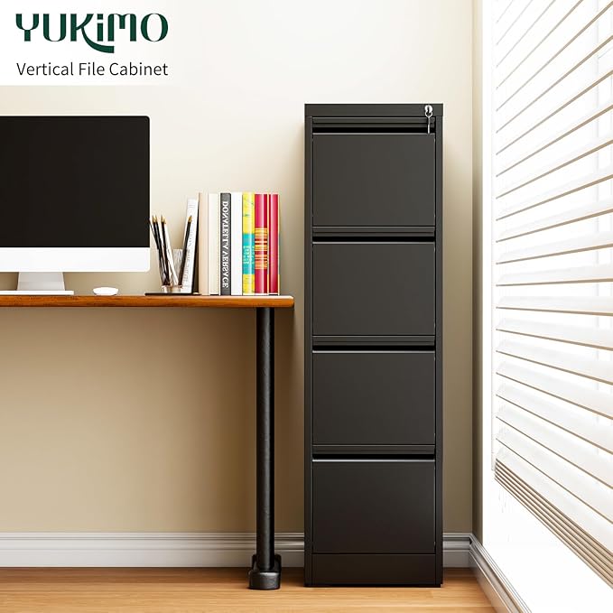 4 Drawer File Cabinet with Lock, Vertical Filing Cabinets for Home Office, Locking File Cabinet Hanging Files for A4/ Legal/Letter, Require Assembly, Black