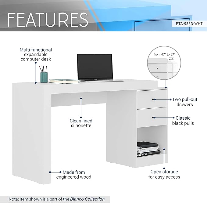 Expandable Desk with Storage Drawers & Open Shelf - Expands from 47 Inch to 57 Inch - White Computer Desk with Printer Space - Modern Home Office Table with Drawers - Techni Mobili Blanco Collection