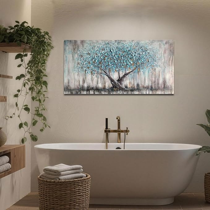Arjun Tree of Life Wall Art Canvas for Living Room Blue Tree Nature Teal Painting, 50% Hand Painted Textured Picture Bedroom Panoramic Landscape Artwork Framed Home Office Decor 40"x20"
