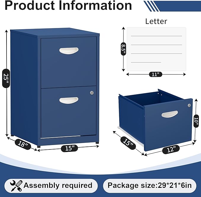 2 Drawer File Cabinet with Lock,Blue Small Filing Cabinet for Home Office,Metal Vertical File Under Desk Cabinets for A4/Letter,Assembly Required