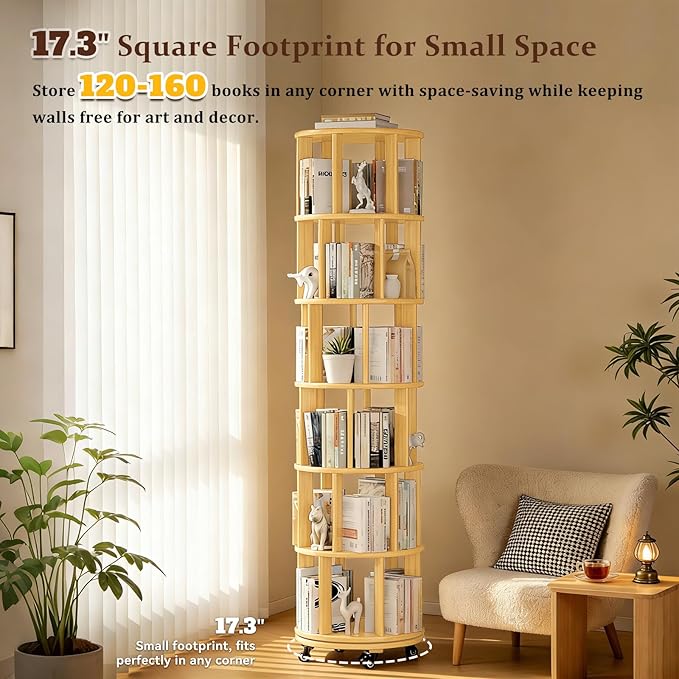 Rotating Bookshelf Tower with Wheels, 6 Tier Solid Wood Round Spinning Bookshelf Tower, 360° Revolving Bookcase Rolling for Kids Adult, Rotation Book Shelf for Bedroom, Living, Office, Corner, Natural