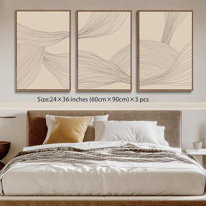 myusuar 3 Piece Large Modern Abstract Canvas Framed Wall Art For Living Room, Beige Minimalist Wall Art Decor Posters Prints For Bedroom Office, 24x36in