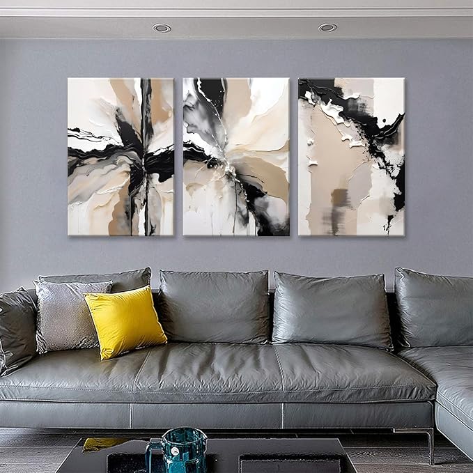 LYPHNX Framed Black and Brown Abstract Geometric Canvas Wall Art Modern Grey White Beige Print Poster Set of 3 Painting Terracotta Brush Strokes Picture Home Decor for Bathroom Bedroom Office 16"x24"