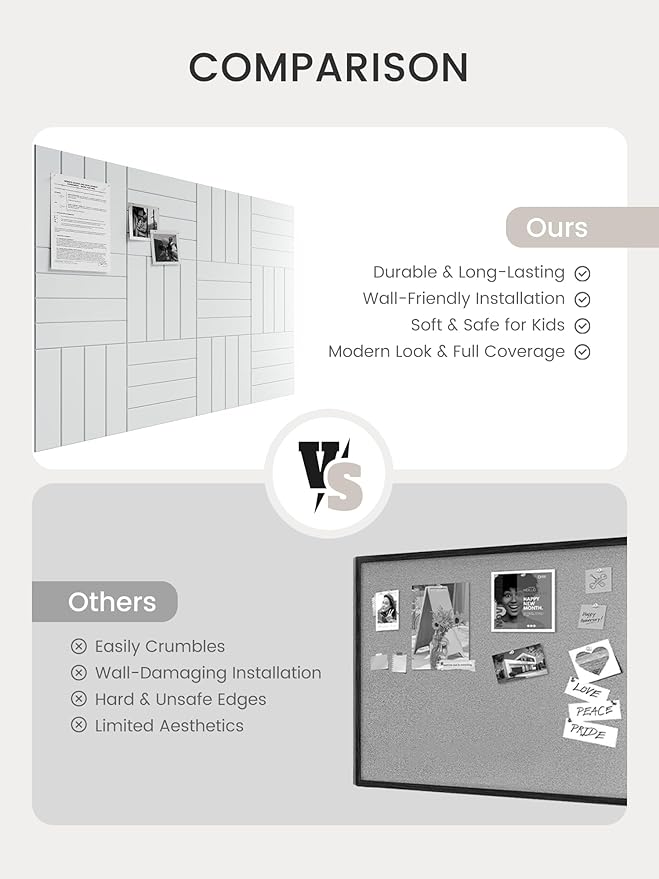 Bumusty Large Cork Board Alternative-48 x 36" Felt Bulletin Board Tiles, with 30 Pushpins, 70 Adhesive Tabs, 12-Pack Slat Wall Paneling, Cork Boards for Office Push Pin Board Felt Board-Cold White