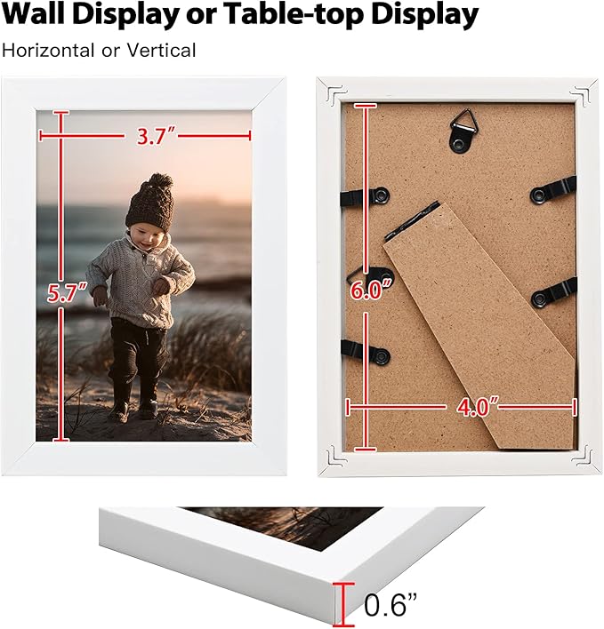 KINLINK 4x6 Picture Frame White Set of 6, Wooden Photo Frames with Plexiglass for 4x6 without Mat for Table and Wall Display