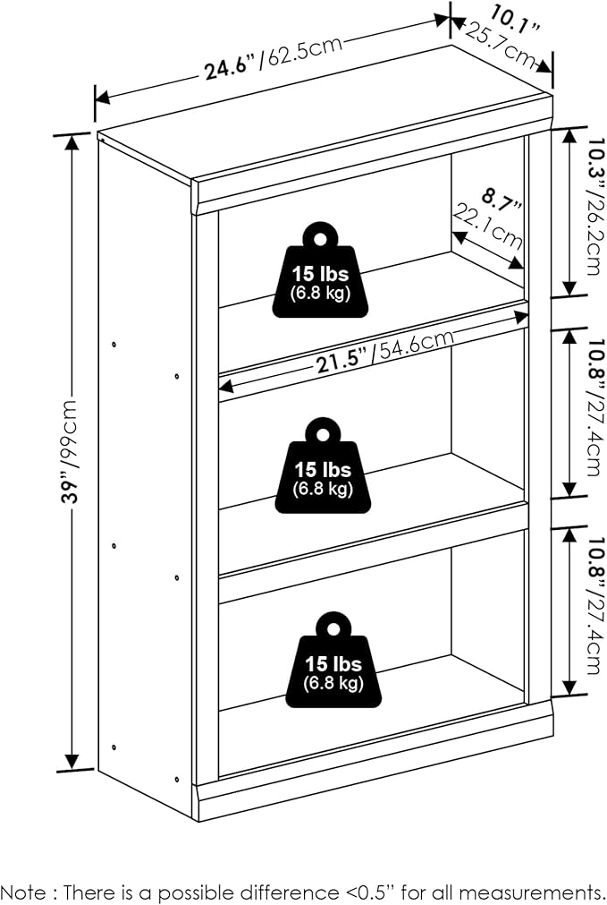Furinno Rail Book Shelf, 3-Tier Bookshelf, Bookcase with Open Shelf, 10.1 x 24.6 x 39, for Living Room, Bedroom, Home Office, White