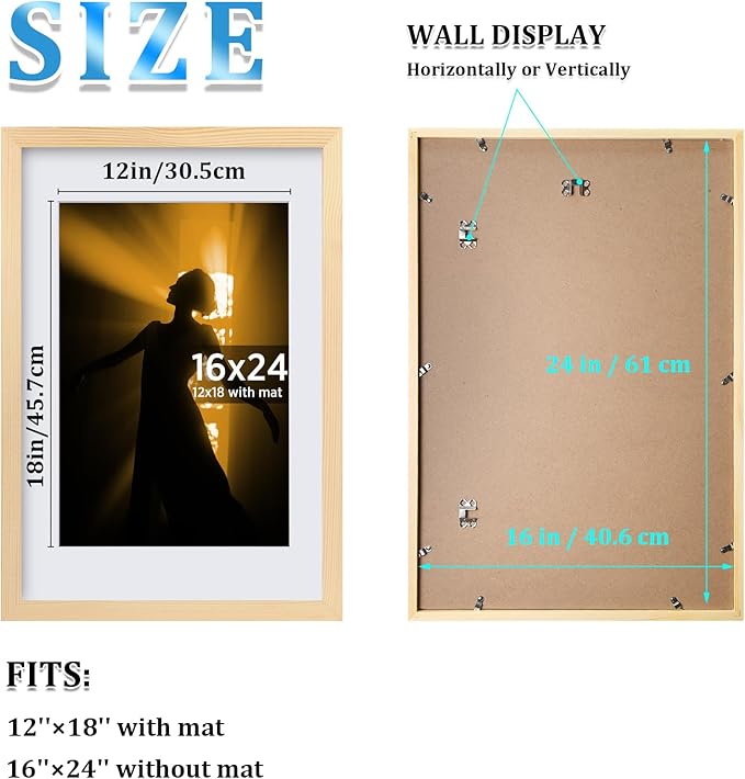 Egofine 16x24 Picture Frame Set of 2 Made of Solid Wood Covered by Plexiglass, Table Top Display and Wall Mounting Photo Frame, Natural Wood