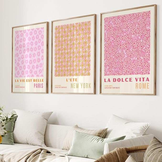 Pink Flower Market Wall Art Decor Aesthetic Abstract Canvas Floral Minimalist Wall Art Pictures Orange Floral Prints Artwork Botanical Flower Poster Colorful Painting 16x24 Inch Unframed set Of 3