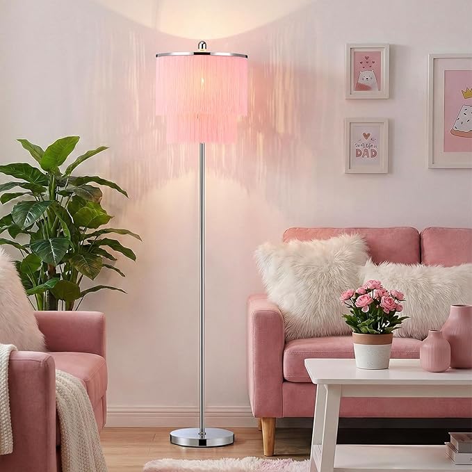 Modern Floor Lamp with Pink Tassel Lampshade for Girls Room, 63" Tall Fringe Standing Bedroom Lamp with Soft Lighting, Boho Stand Up Corner Pink Lamp for Living Room（Bulb Included）