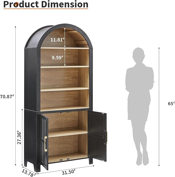 71" Tall Arched Bookcase, Arch Bookshelf with Doors , Modern Farmhouse Book Shelf Storage Cabinet with Adjustable Shelves, Wood Bookshelf w/Open Display for Living Room, Office Decor (Black/Natural)