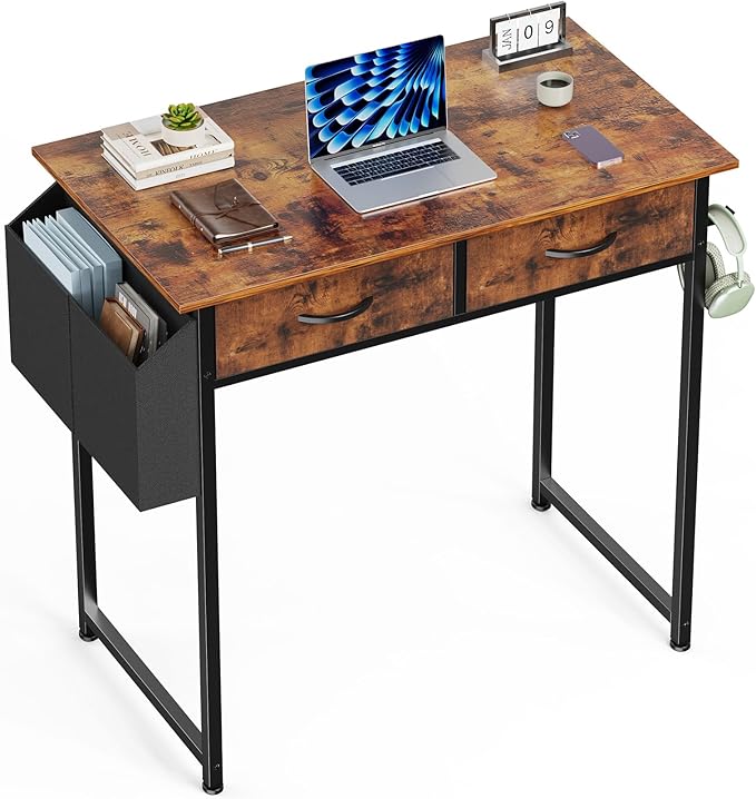Sweetcrispy Computer Desk Small Home Office Bedroom Writing Study PC Tabke with Storage Space Fabric Side Bag Headphone Hook Metal Frame Adjustable Feet Modern Simple Style