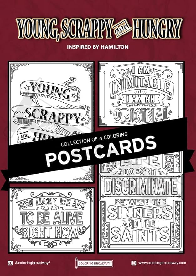 Coloring Broadway - Hamilton Inspired Coloring Postcards (Set of 4), Young, Scrappy & Hungry Musical Merchandise, Printed on Matte Card Stock (5" x 7"), Perfect for a Broadway Theater Lover