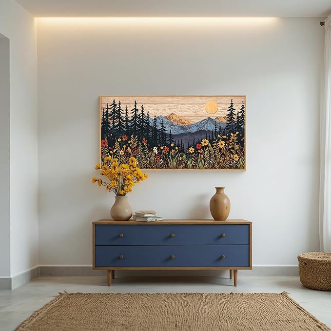 Houria Mid Century Woodland Mountain Framed Canvas Wall Art Set,Vintage Natural Sunset Wildflower Forest Field Decor,Wilderness Boho Floral Pine Tree Landscape Artwork for Living Room,Office-20"x40"x1