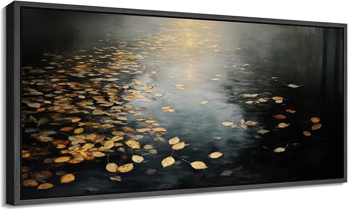 SIGNFORD Extra Large Framed Canvas Print Wall Art Moody Water Reflection with Floating Leaves Illustrations Modern Art Calm Warm for Living Room, Bedroom, Office - 60"x30"
