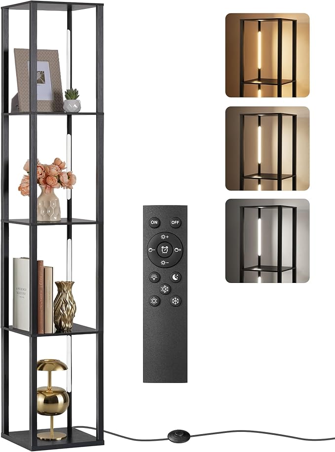 64.2" Display Shelf with Light, Modern Corner Floor Lamp with Shelves, LED Dimmable Standing Lamp with Remote for Living Room, Bedroom, Office, Adjustable CCT, Black Square B51LD05