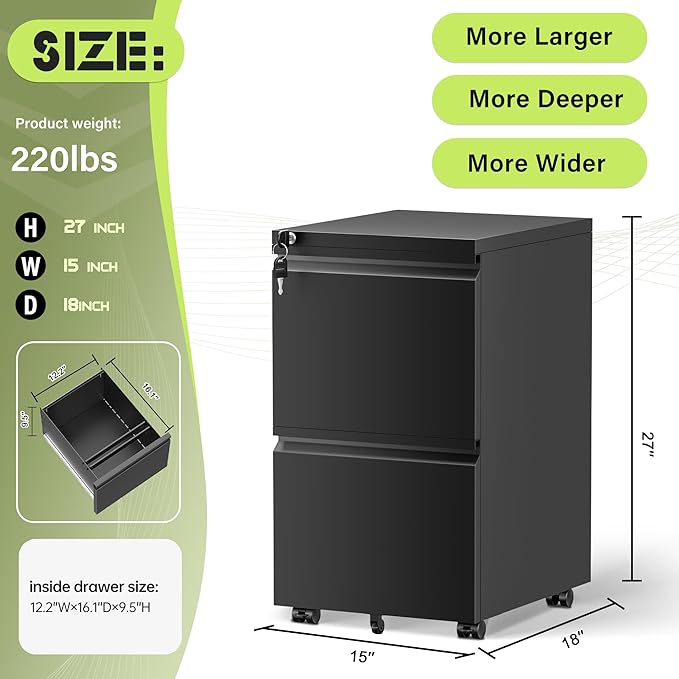 Oakcloud 2 Drawer Mobile File Cabinet for Home Office, Roller Metal Vertical File Storage for A4/F4/Letter/Legal Size, Easy Assemble (Black)