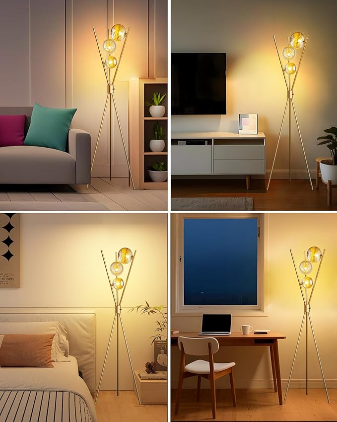 Lightdot Dimmable Tripod Floor Lamp Gold Art Deco Floor Lamp with Brown Globe Glass Lampshade 3Pcs Bulbs Included Tripod Standing Lamp for Living Room/Bedroom/Sofa Beside/Corner Decor