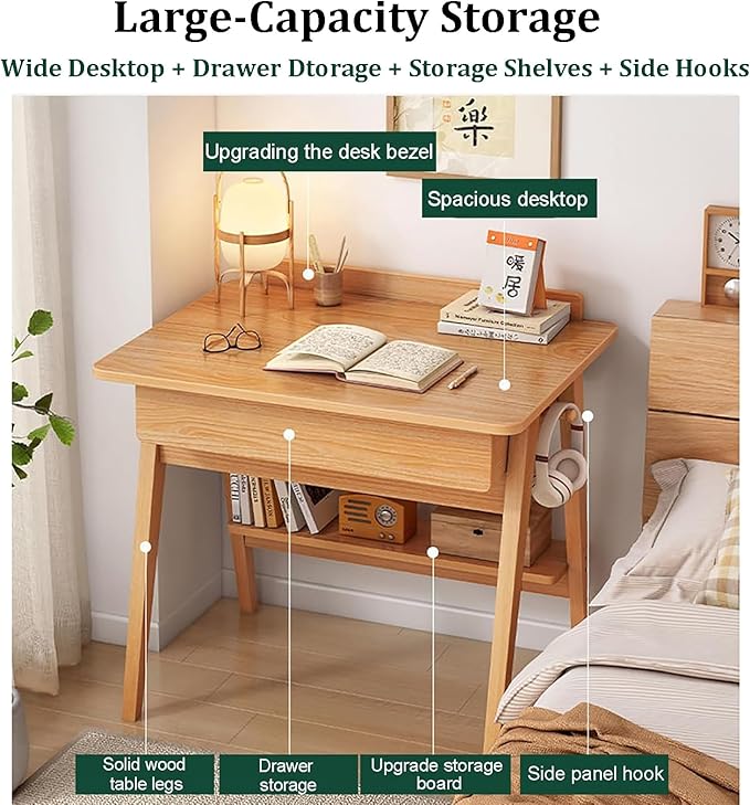 Home Office Writing Desk with Drawers, Modern Wood Table with Storage Shelves & Hooks, Computer Workstation Study Desk Writing Table Simple Zero Assembly Without Chair(39inch/100cm, Walnut)