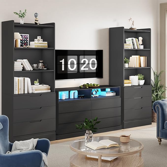 DICTAC Bookcase with 3 Drawers and Shelves 73.23'' Tall Bookshelf with Storage Modern Wood Closet Drawers System,Closet Organizer Unit Freestanding Tall Storage Cabinet for Home Office,Bedroom,Black