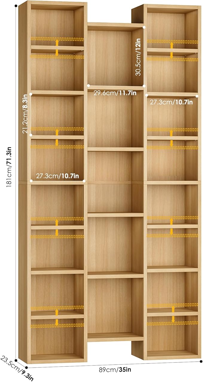 FOTOSOK 71'' Tall Bookshelf with 21 Cubes, 8 Tier Triple Wide Bookshelf with 8 Adjustable Shelves, 35" Wood Bookcase DVD/CD Media Tower Storage, Freestanding Display Shelf Cabinet, Natural