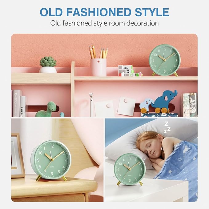 Analog Alarm Clock, Super Silent Non Ticking with Night Light, Battery Operated, Bedroom Clock,Fashionable Round Metal Alarm Clock for Office, Elderly, Adults, Children, School Gift