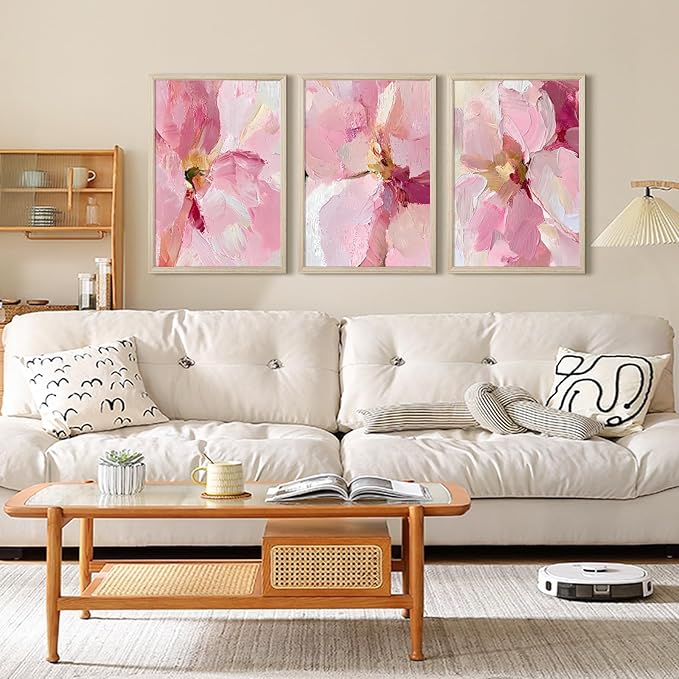 Abstract Floral Wall Art Pink Flower Canvas Pictures Modern Wall Decor Blush Pastel Pink Prints Peony Painting Minimalist Poster Botanical Artwork for Bedroom Living Room 12x16x3 Inch Wood Framed
