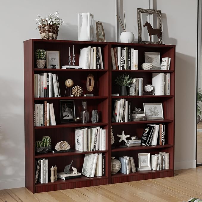 Bookcase Adjustable Storage Shelves,5-Tier Modern Wood Bookcase for Bedroom,60-Inch Bookshelf, Office, Living Room & Library(Mahogany)
