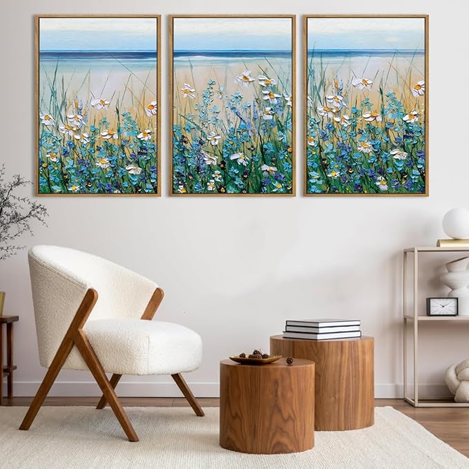 BINCUE Extra Large Blue Flowers Wall Art Framed,Watercolor Wildflowers Artwork,Blue Florals Canvas Wall Art,Flower Sea Artwork Landscape,Blossom Seaside Painting Daisy for Living Room Bedroom 24x36''