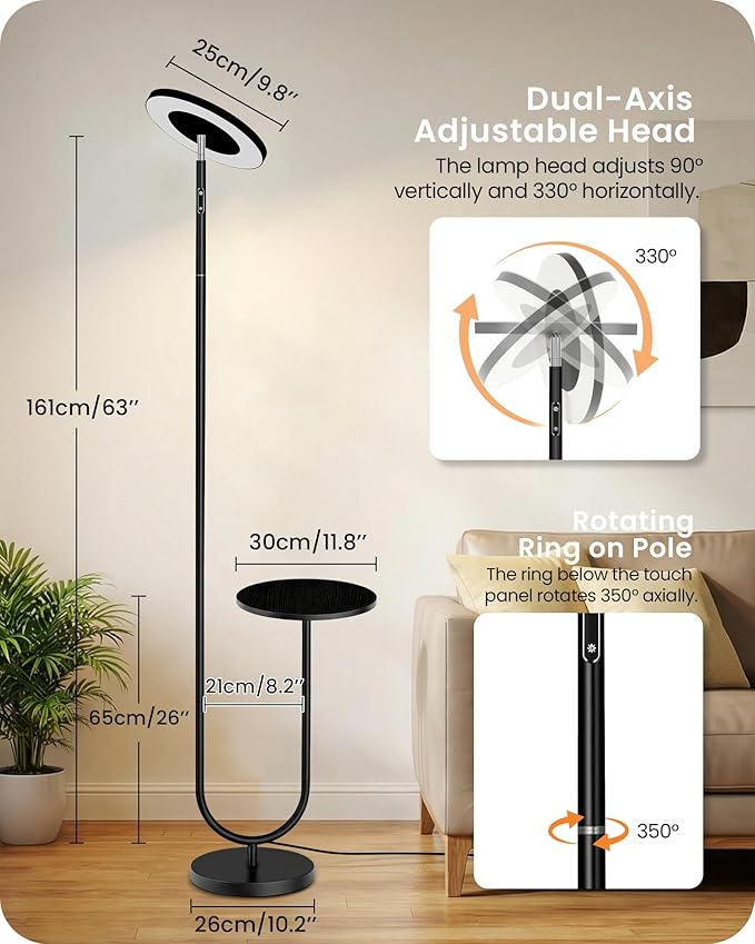 Floor Lamp with Table, Dimmable Standing Light with 3 Temperatures & Remote Control, LED Up and Down Lighting with Tray, Modern Reading Torchiere Corner Lamp for Bedroom Office Black,B24LD05