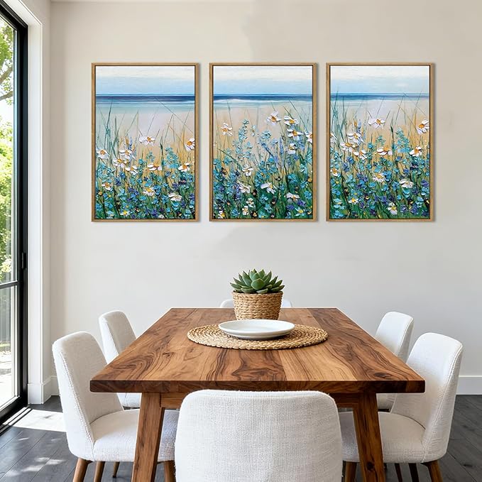 BINCUE Extra Large Blue Flowers Wall Art Framed,Watercolor Wildflowers Artwork,Blue Florals Canvas Wall Art,Flower Sea Artwork Landscape,Blossom Seaside Painting Daisy for Living Room Bedroom 24x36''