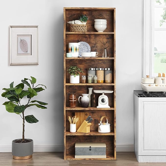 oneinmil 6 Tier Bookshelf and Bookcase, Wooden Bookshelves with Cabinet Doors, Floor Bookshelves and Office Storage Cabinets for Home Office, Living Room,Brown