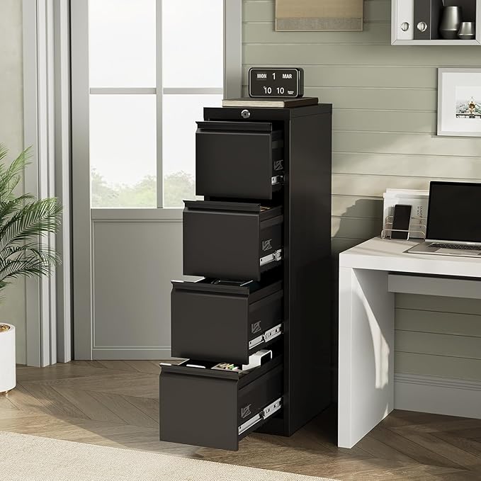 4 Drawer File Cabinet with Lock,Heavy Duty File Storage Cabine,Metal Vertical File Cabinet Office Home Vertical File Cabinet for A4 Legal/Letter Size Narrow File Cabinet Locked