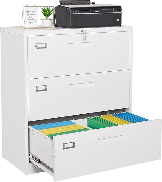3 Drawer Lateral File Cabinet with Lock, Metal Filing Cabinets for Home Office, Wide Locking File Caninets, White Office Storage Cabnet for Hanging Letter/Legal / A4 / F4 - Assembly Required