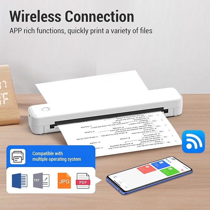GOWENIC Inkless Portable Printer for Travel, Portable Thermal Printer Inkless Printing Machine for A4 A5 Size Paper, Small Mobile Wireless for Office, Vehicles, Home Use