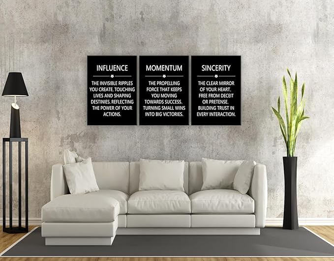 Inspirational Wall Art Canvas Print 3 Pieces Influence Momentum Sincerity Picture Office Home Living Room Wall Decor Inspiring Framed Prints Motivational Quotes for Wall Decoration [60" W X 28" H]
