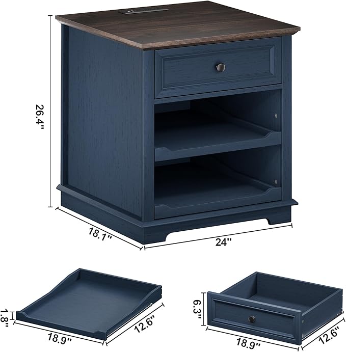 Lateral File Cabinet 3 Drawer File Cabinet with Charging Station, Printer Stand with Open Adjustable Storage Shelves, Lateral Filing Cabinet for Home Office, Blue