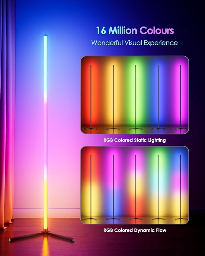 65" Smart RGB Floor Lamp with App/Remote Control, Color Changing LED Corner Lamp with Music Sync & Timer, Corner Lighting for Living Room, Bedroom, Gaming Room (Black)
